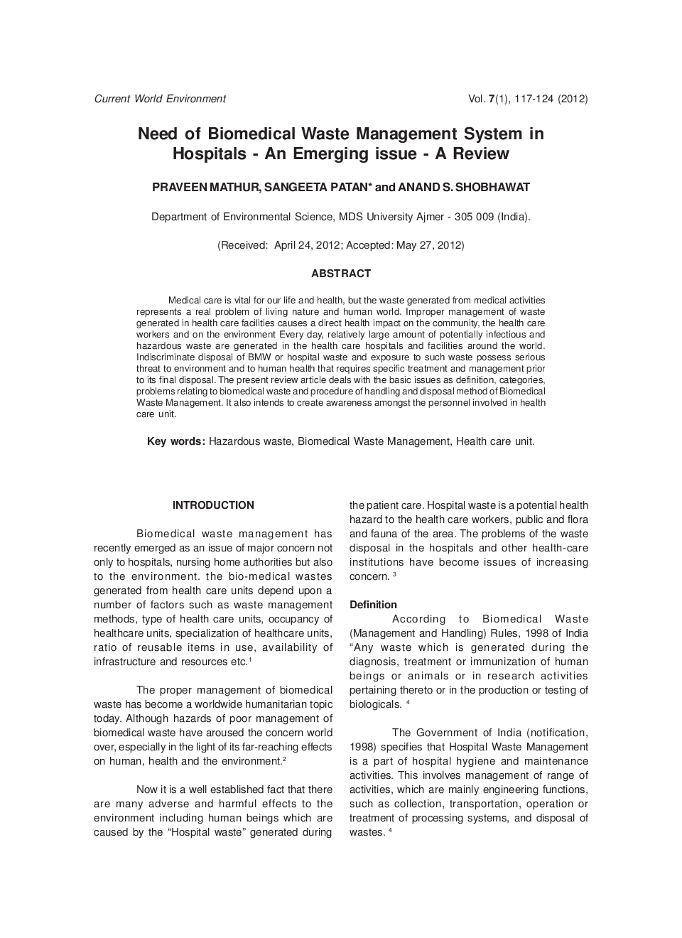 Need Of Biomedical Waste Management System In Hospitals - An Emerging Issue - A Review - Page 2