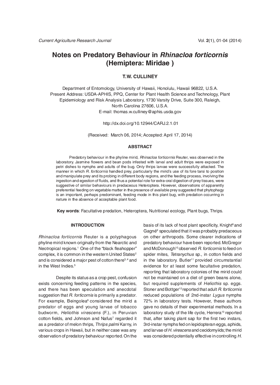 Notes On Predatory Behaviour In Rhinacloa Forticornis (Hemiptera: Miridae ) - Page 2