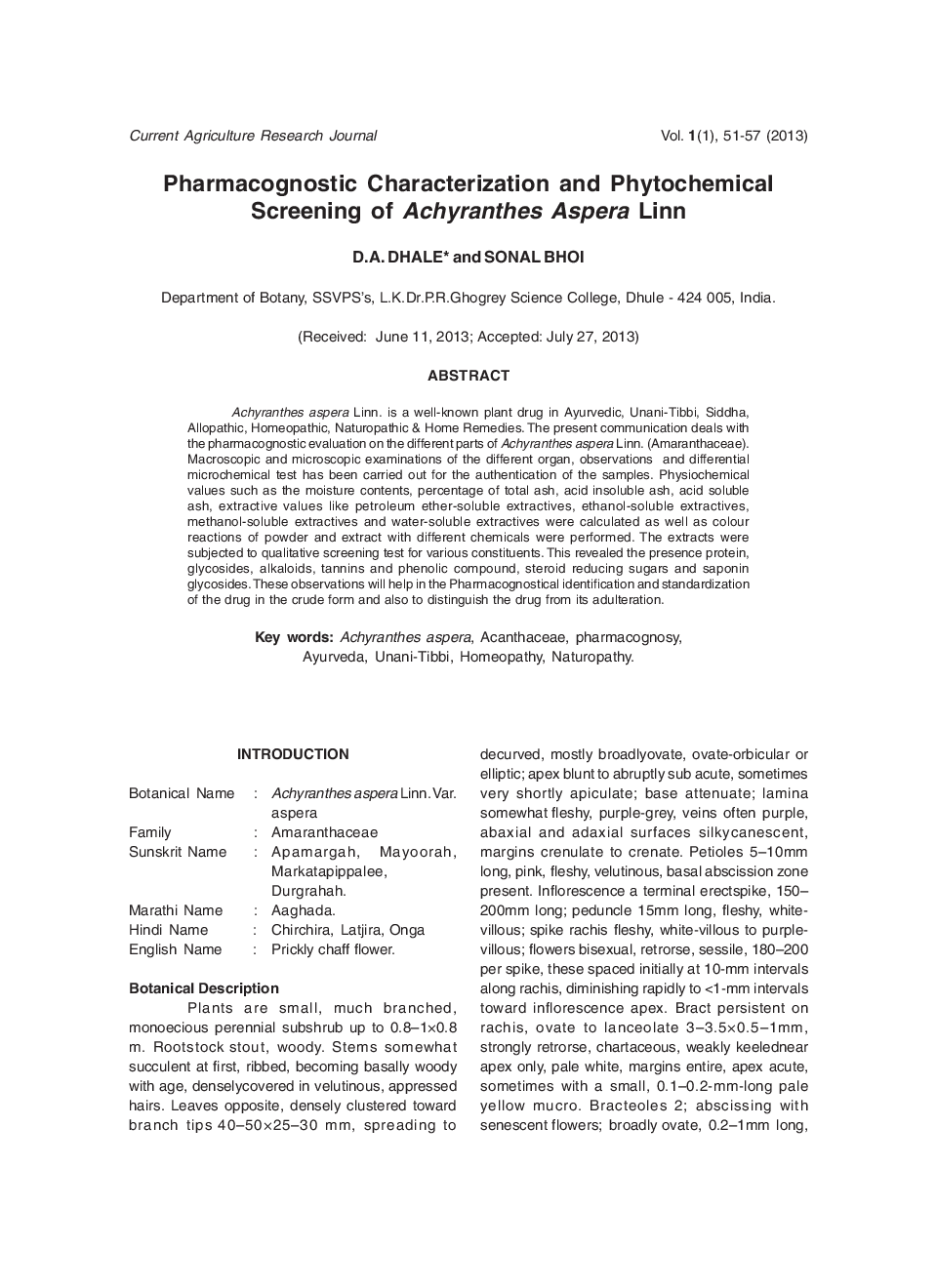 Pharmacognostic Characterization And Phytochemical Screening Of Achyranthes Aspera Linn - Page 2