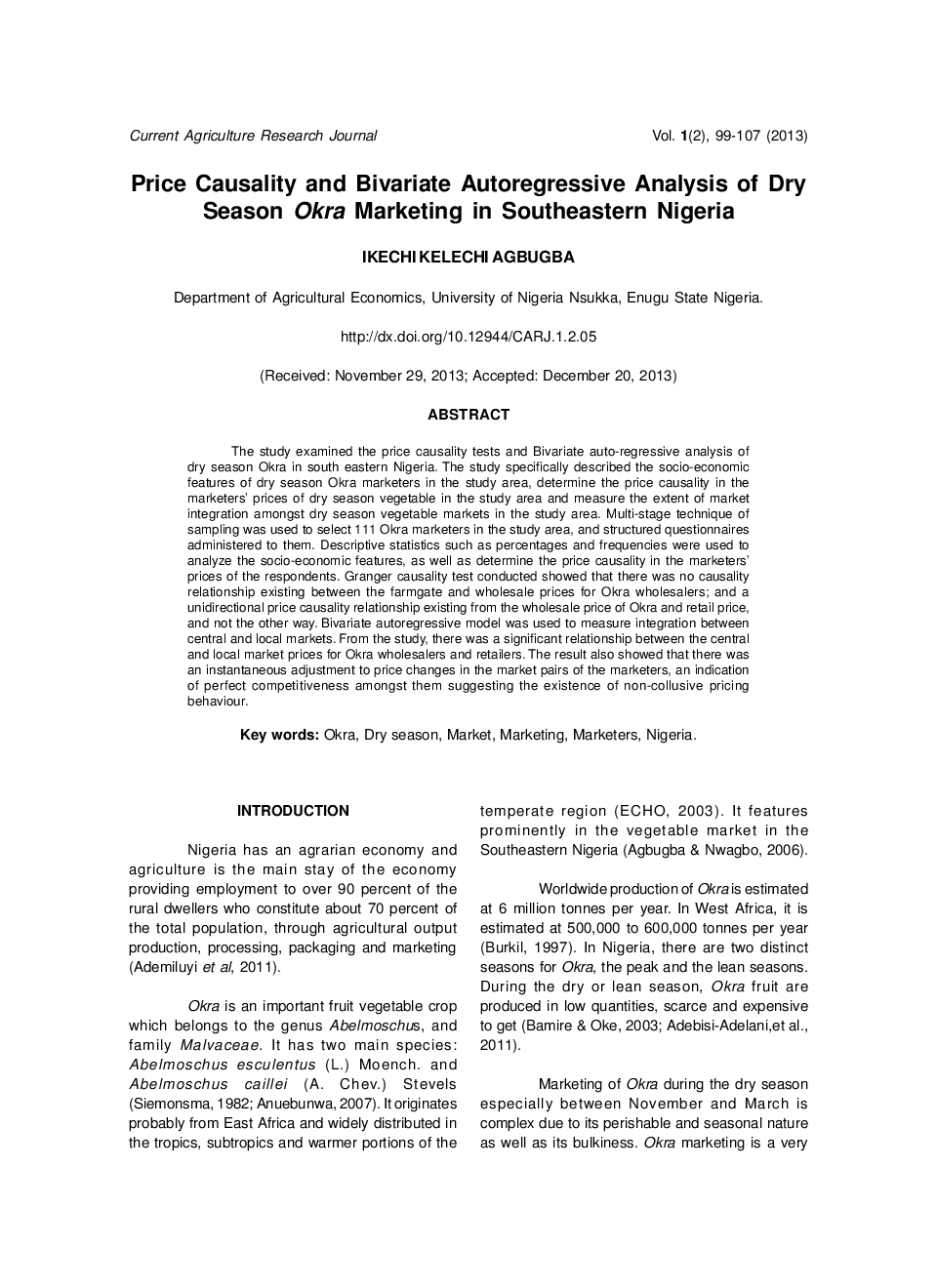 Price Causality And Bivariate Autoregressive Analysis Of Dry Season Okra Marketing In Southeastern Nigeria - Page 2