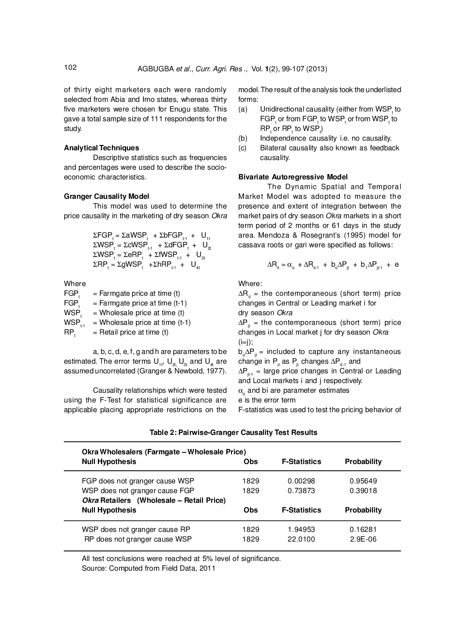 Price Causality And Bivariate Autoregressive Analysis Of Dry Season Okra Marketing In Southeastern Nigeria - Page 5