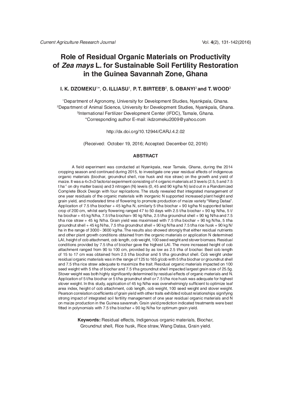 Role Of Residual Organic Materials On Productivity Of Zea Mays L. For Sustainable Soil Fertility Restoration In The Guinea Savannah Zone, Ghana - Page 2