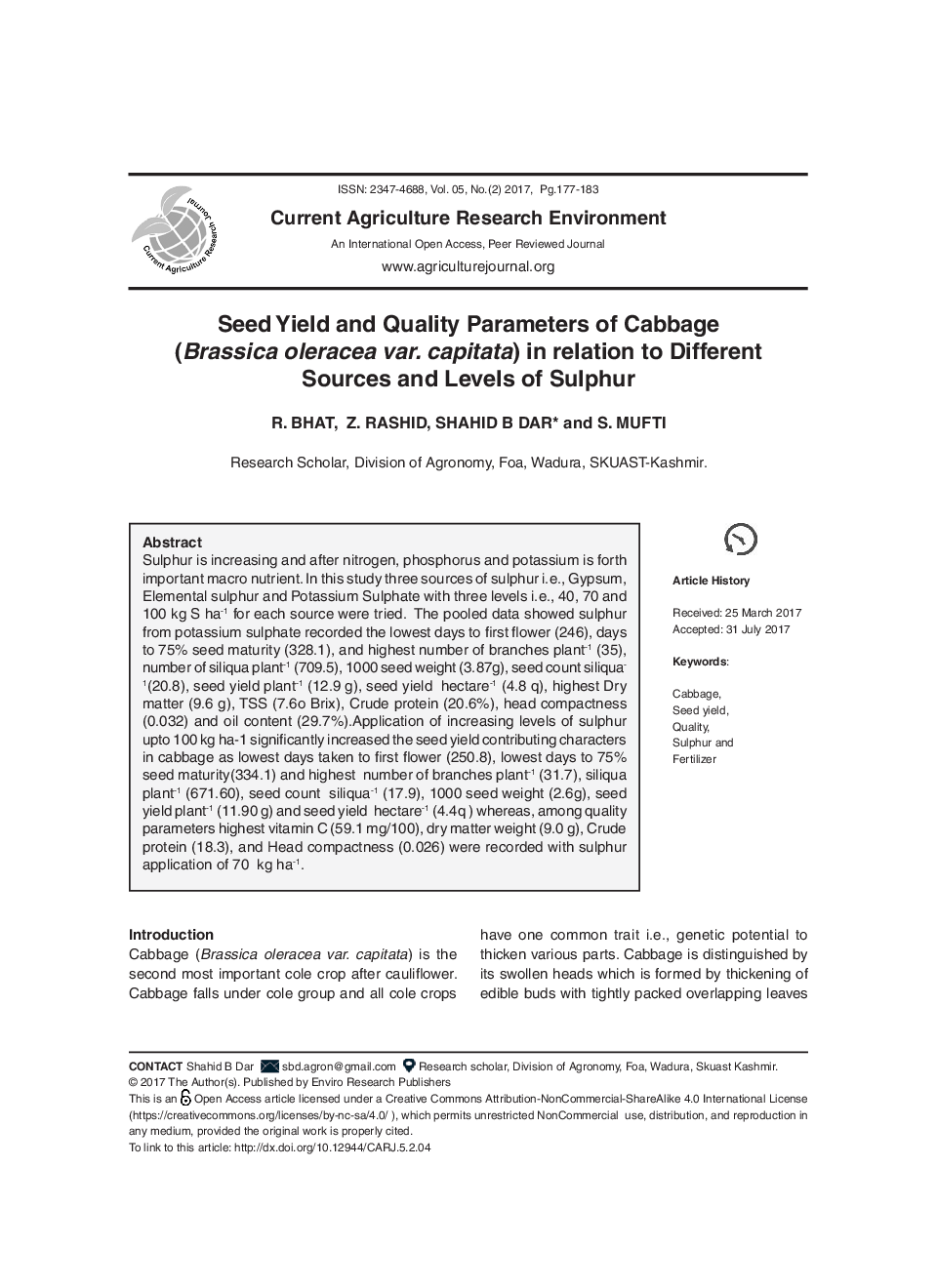 Seed Yield And Quality Parameters Of Cabbage (Brassica Oleracea Var. Capitata) In Relation To Different Sources And Levels Of Sulphur - Page 2