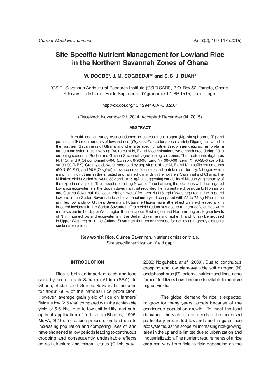 Site-Specific Nutrient Management For Lowland Rice In The Northern Savannah Zones Of Ghana - Page 2