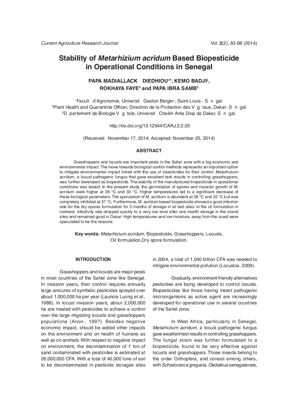 Stability Of Metarhizium Acridum Based Biopesticide In Operational Conditions In Senegal - Page 2