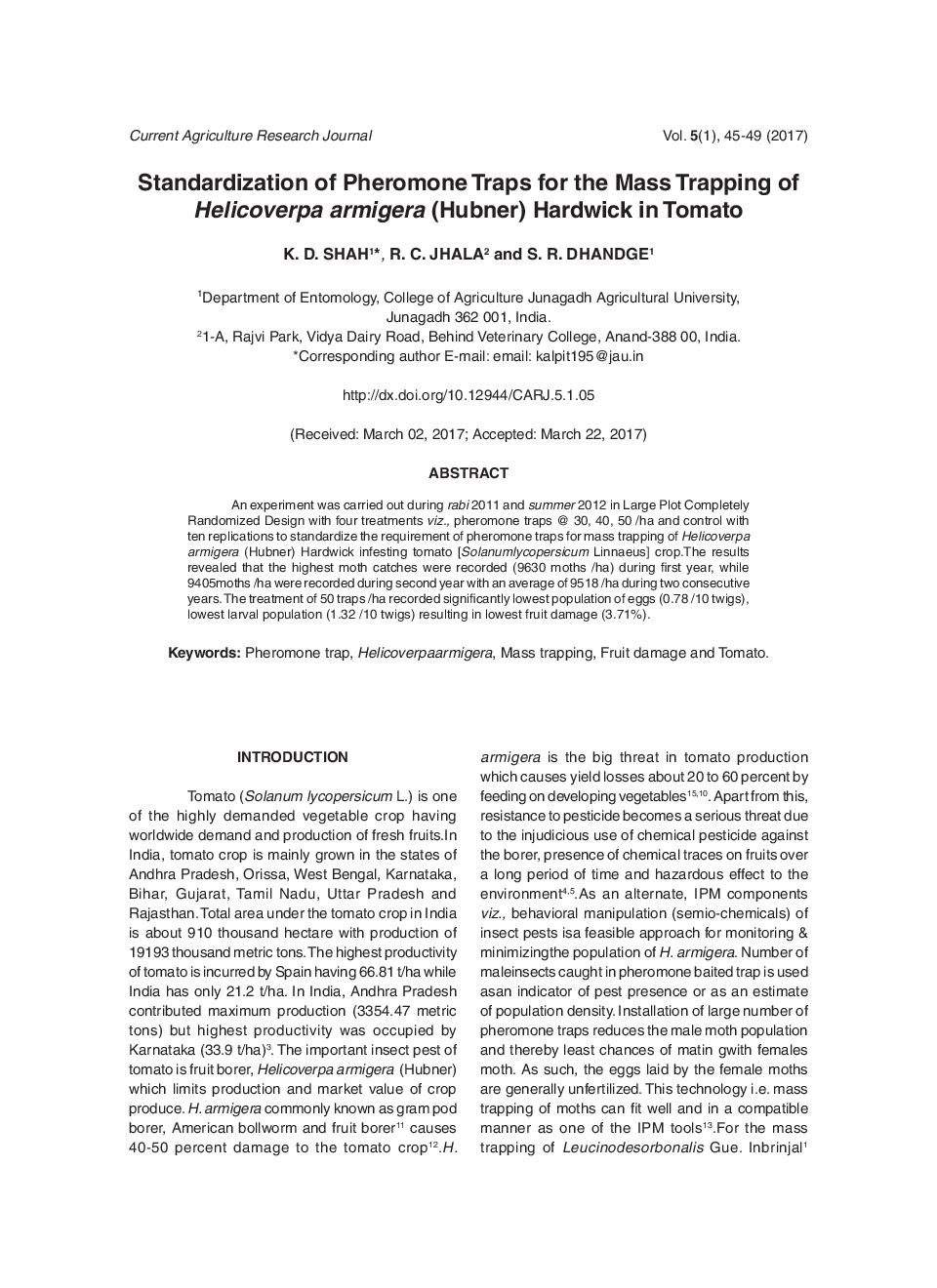 Standardization Of Pheromone Traps For The Mass Trapping Of Helicoverpa Armigera (Hubner) Hardwick In Tomato - Page 2