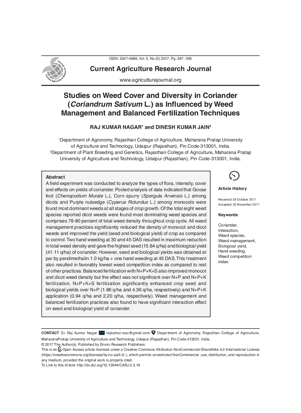 Studies On Weed Cover And Diversity In Coriander (Coriandrum Sativum L.) As Influenced By Weed Management And Balanced Fertilization Techniques - Page 2