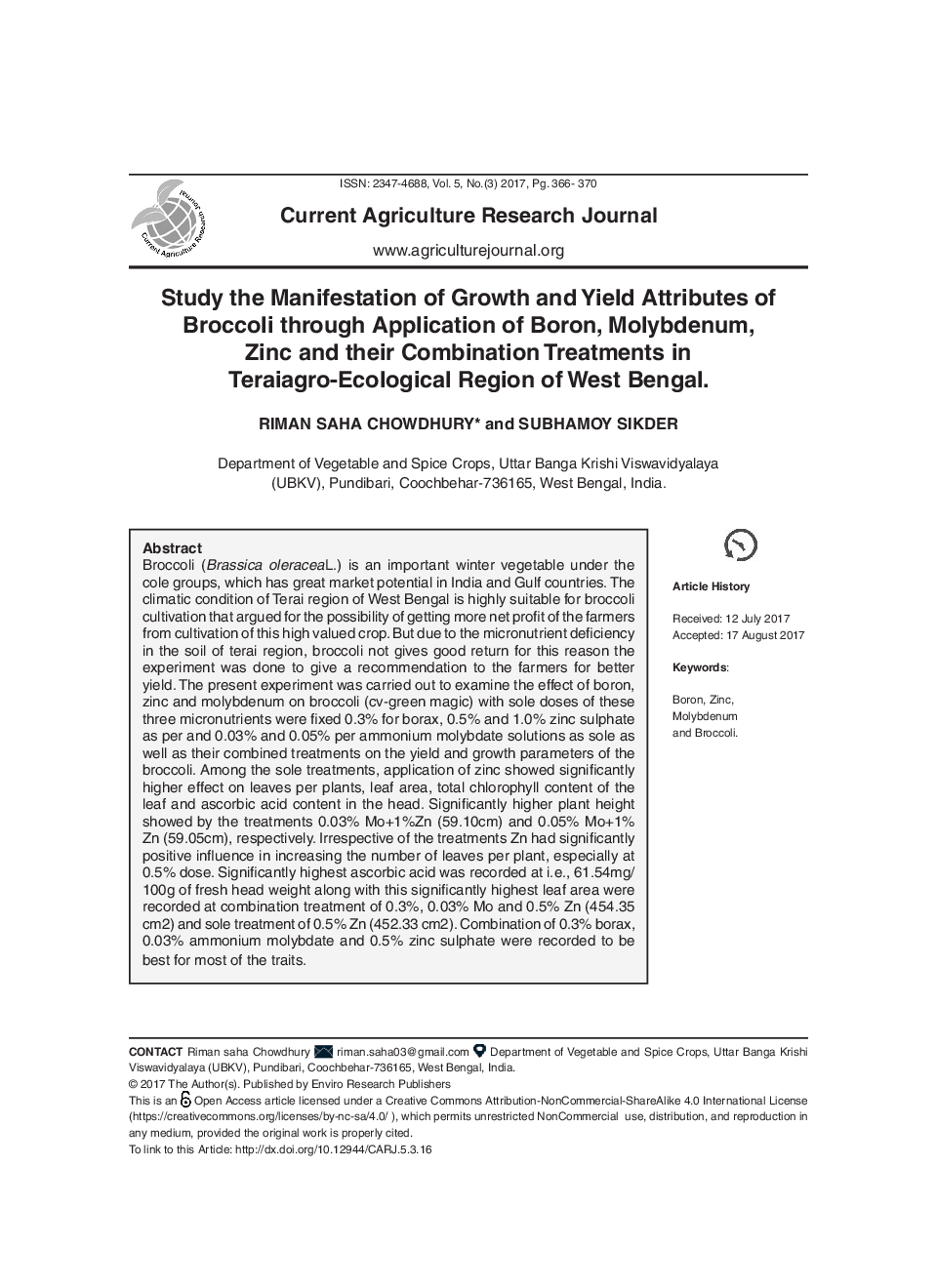 Study The Manifestation Of Growth And Yield Attributes Of Broccoli Through Application Of Boron, Molybdenum, Zinc And Their Combination Treatments In Teraiagro-Ecological Region Of West Bengal - Page 2