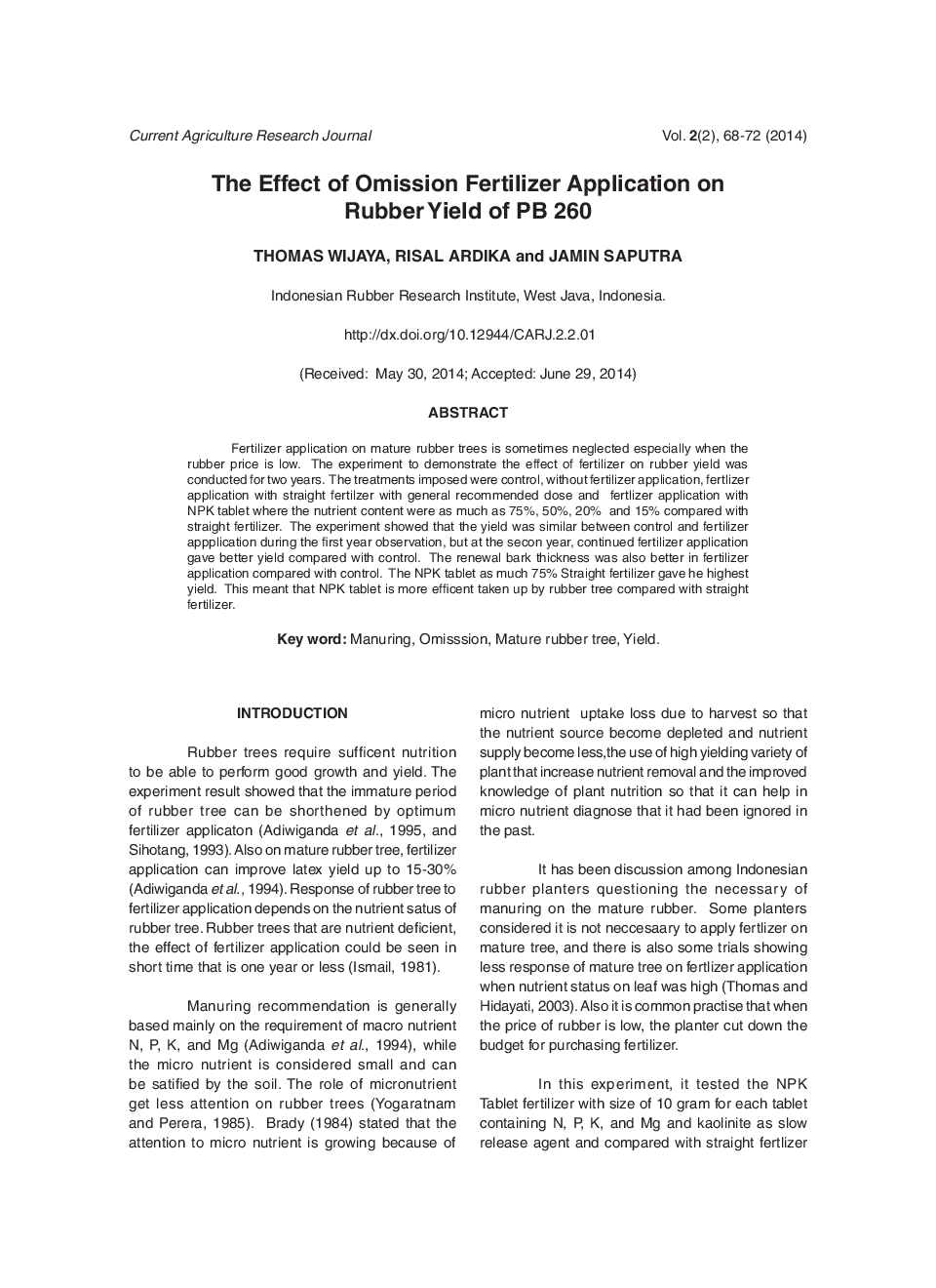 The Effect Of Omission Fertilizer Application On Rubber Yield Of PB 260 - Page 2