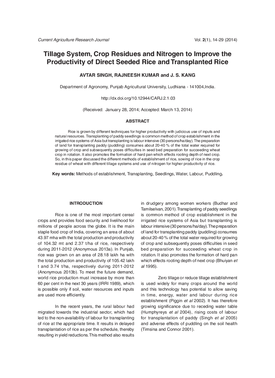 Tillage System, Crop Residues And Nitrogen To Improve The Productivity Of Direct Seeded Rice And Transplanted Rice - Page 2