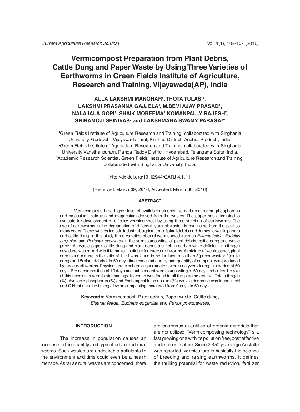 Vermicompost Preparation From Plant Debris, Cattle Dung And Paper Waste By Using Three Varieties Of Earthworms In Green Fields Institute Of Agriculture, Research And Training, Vijayawada (AP), India - Page 2
