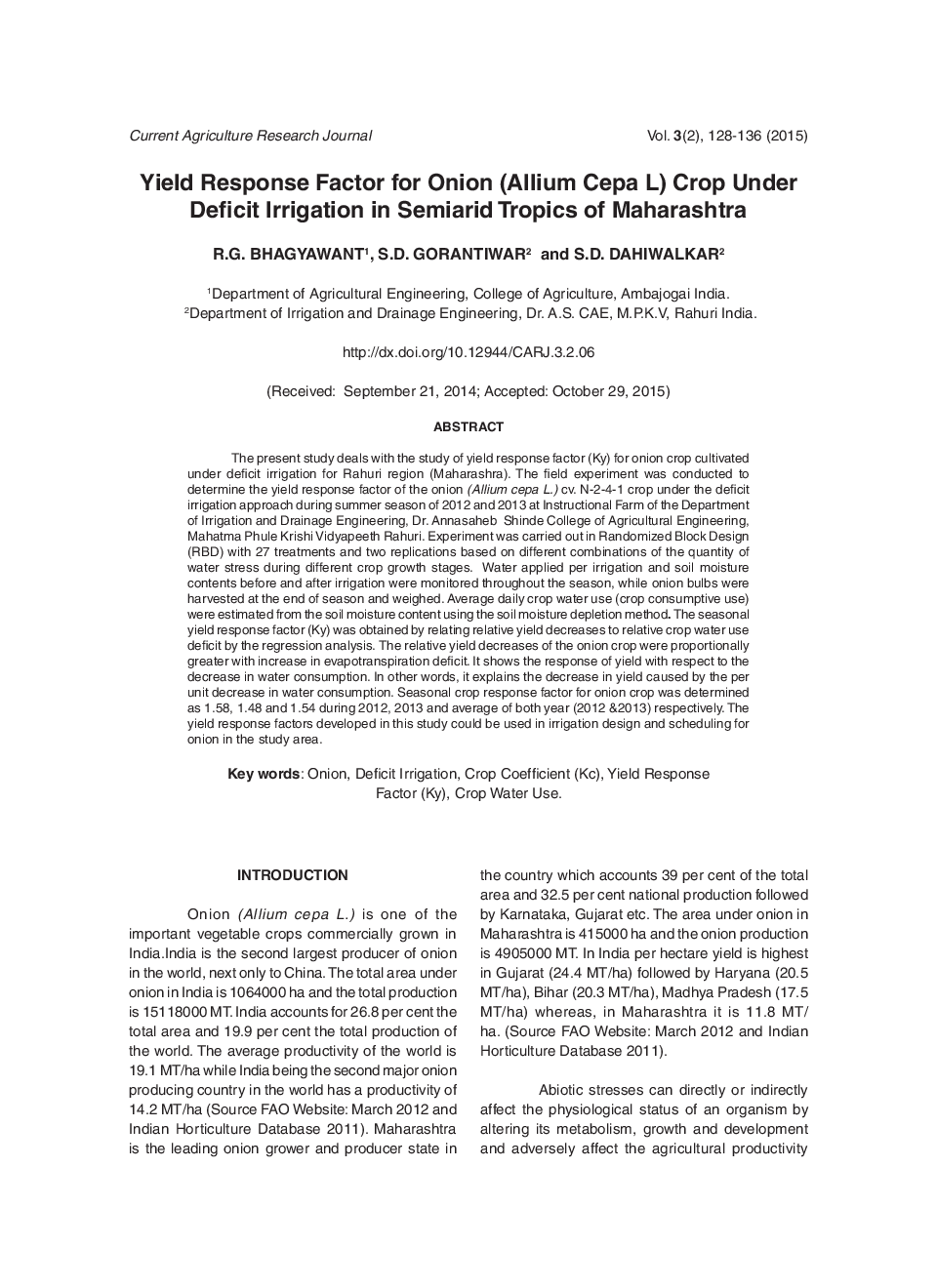 Yield Response Factor For Onion (Allium Cepa L) Crop Under Deficit Irrigation In Semiarid Tropics Of Maharashtra - Page 2