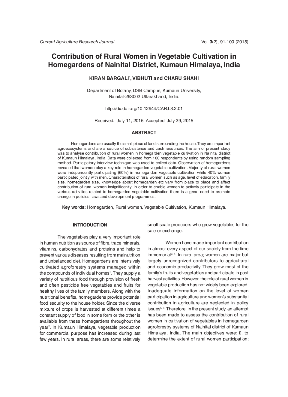Contribution of Rural Women in Vegetable Cultivation in Homegardens of Nainital District, Kumaun Himalaya, India - Page 2