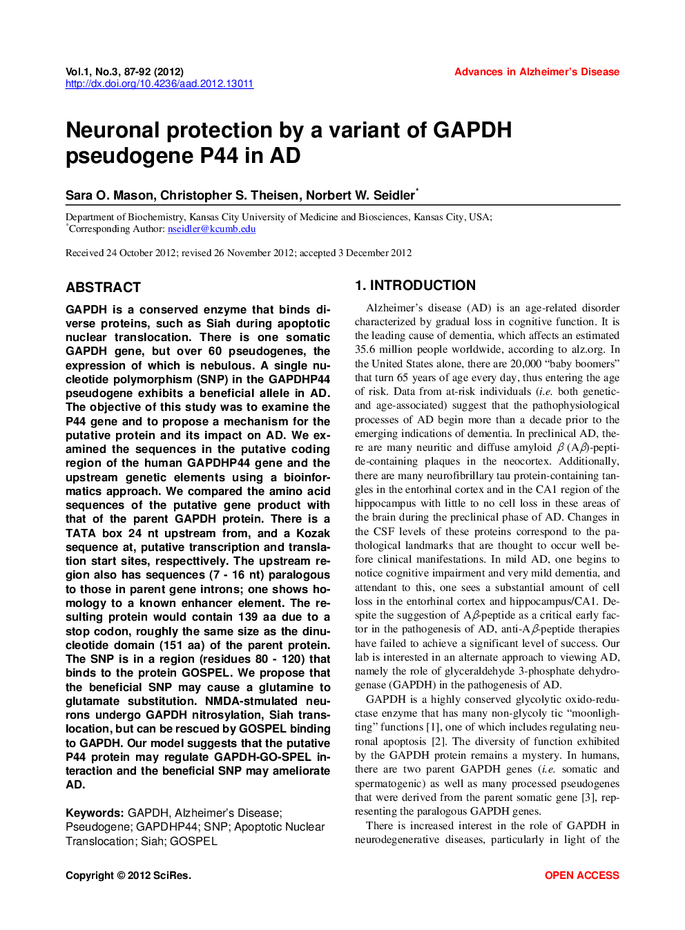 Neuronal Protection By A Variant Of GAPDH Pseudogene P44 In AD - Page 2