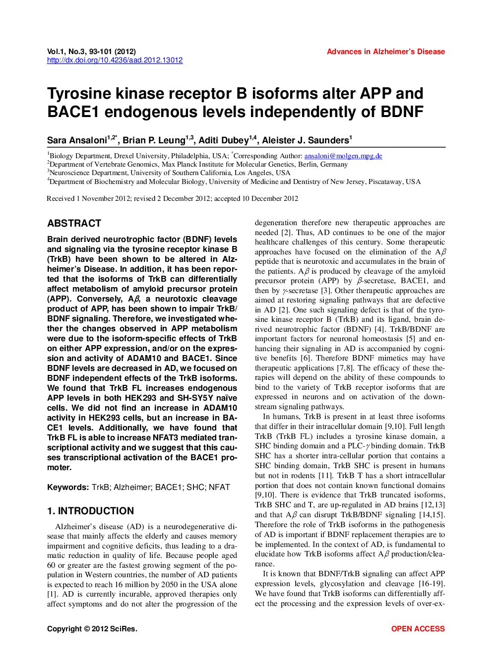 Tyrosine Kinase Receptor B Isoforms Alter APP And BACE1 Endogenous Levels Independently Of BDNF - Page 2