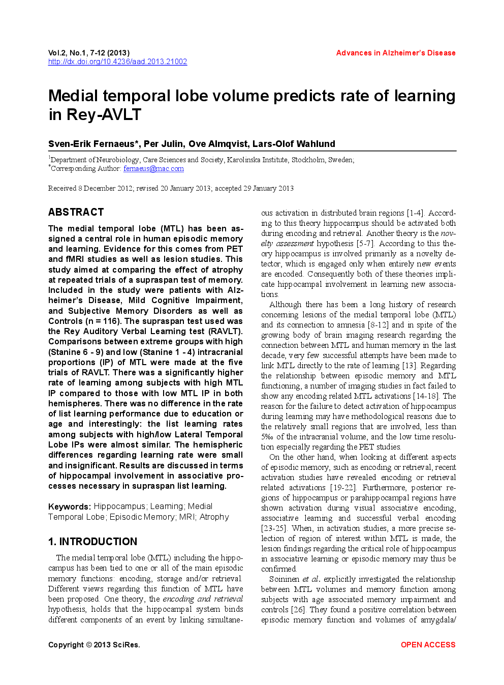 Medial Temporal Lobe Volume Predicts Rate Of Learning In Rey-AVLT - Page 2
