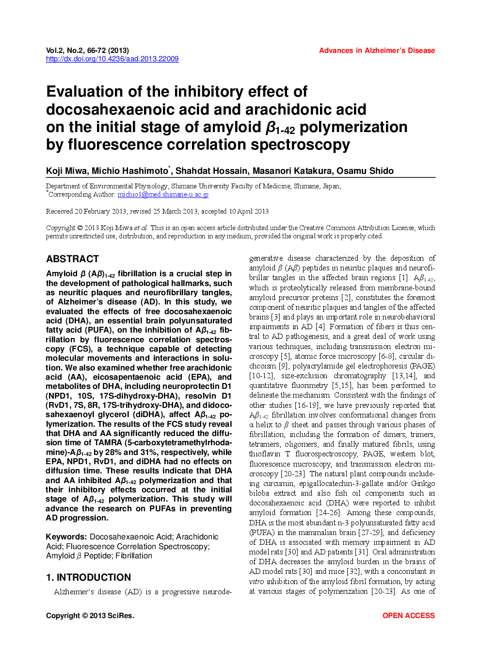 Evaluation Of The Inhibitory Effect Of Docosahexaenoic Acid And Arachidonic Acid On The Initial Stage Of Amyloid β1-42 Polymerization By Fluorescence Correlation Spectroscopy - Page 2