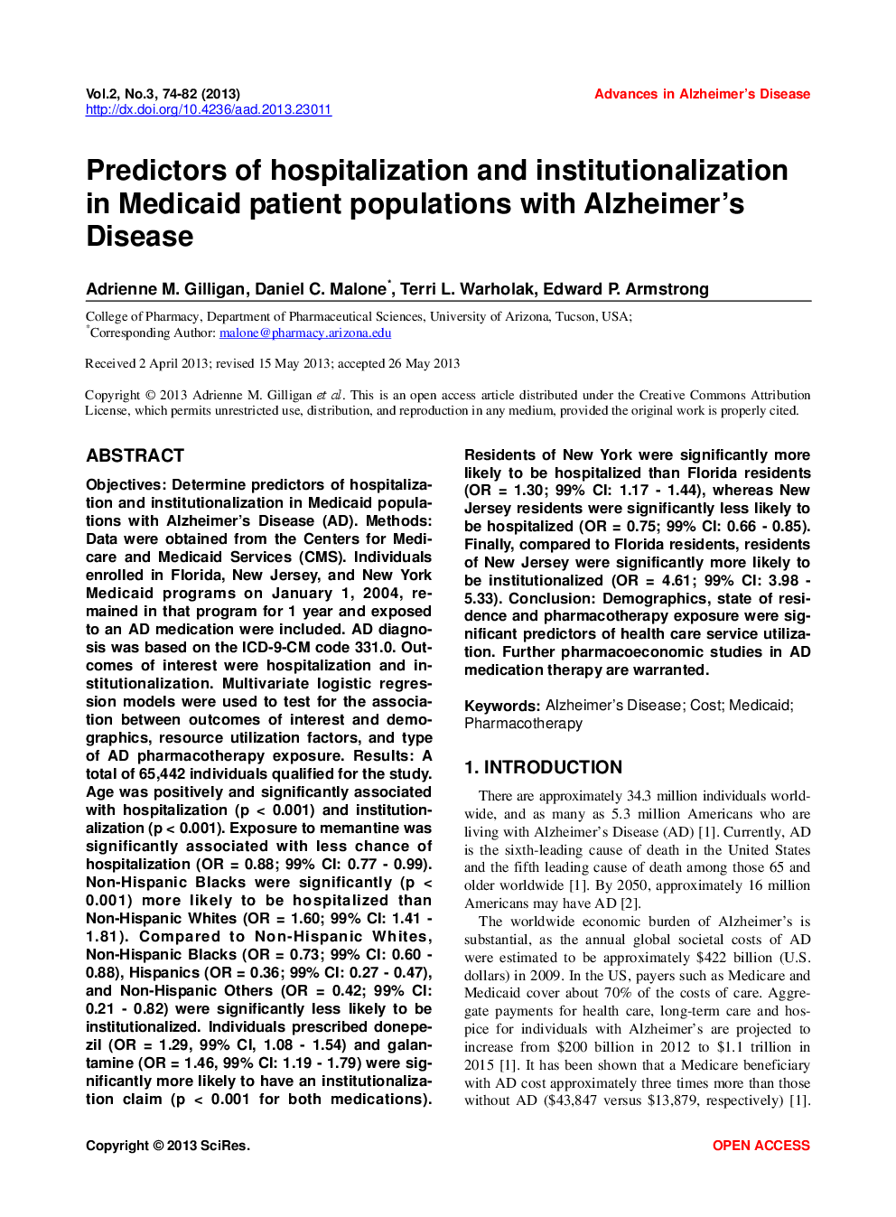 Predictors Of Hospitalization And Institutionalization In Medicaid Patient Populations With Alzheimer’s Disease - Page 2