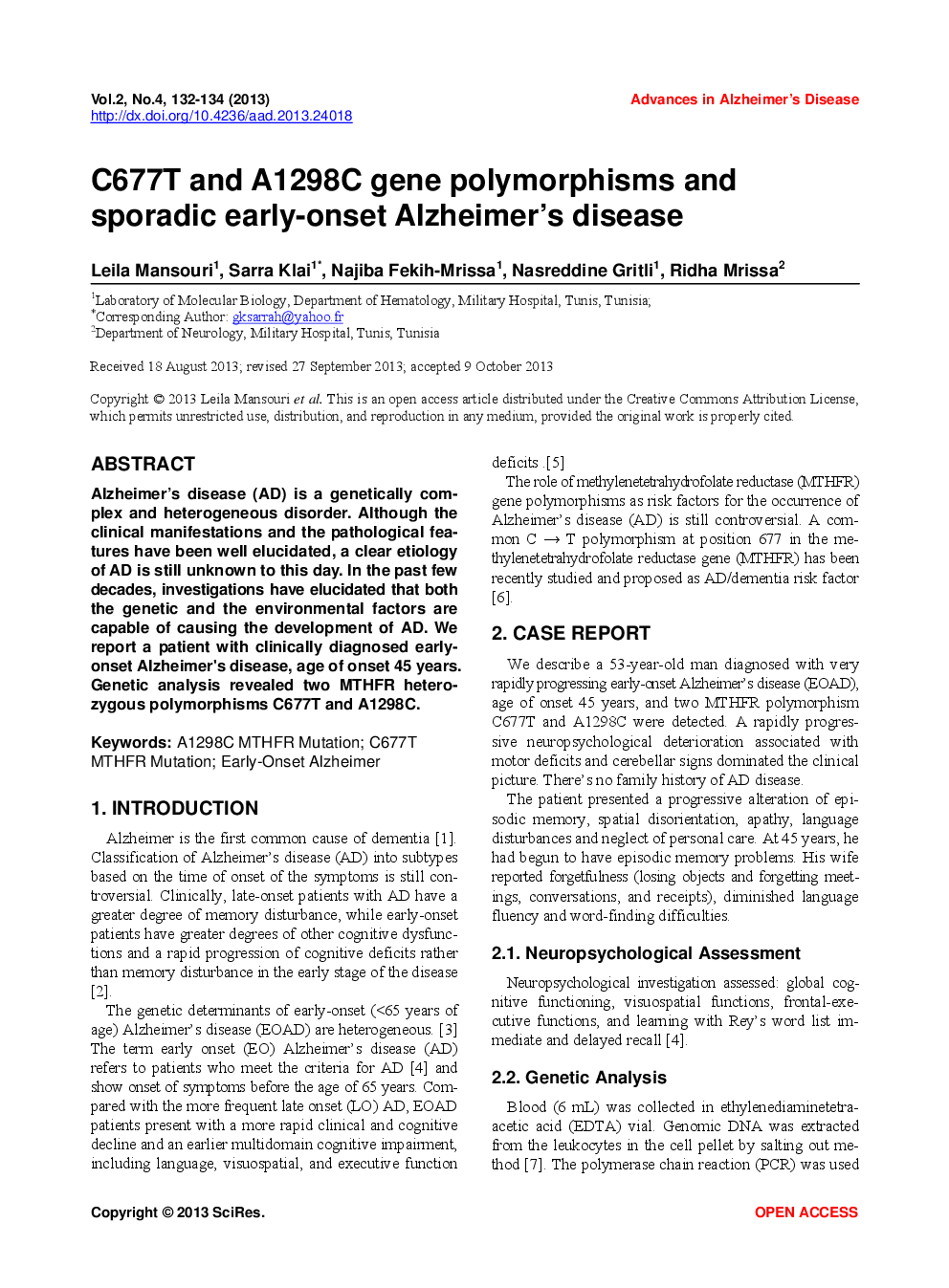 C677T And A1298C Gene Polymorphisms And Sporadic Early-Onset Alzheimer’s Disease - Page 2