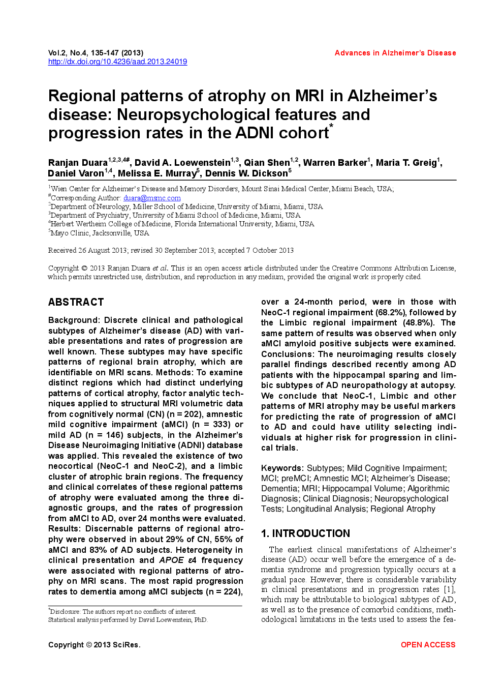 Regional Patterns Of Atrophy On MRI In Alzheimer’s Disease: Neuropsychological Features And Progression Rates In The ADNI Cohort - Page 2