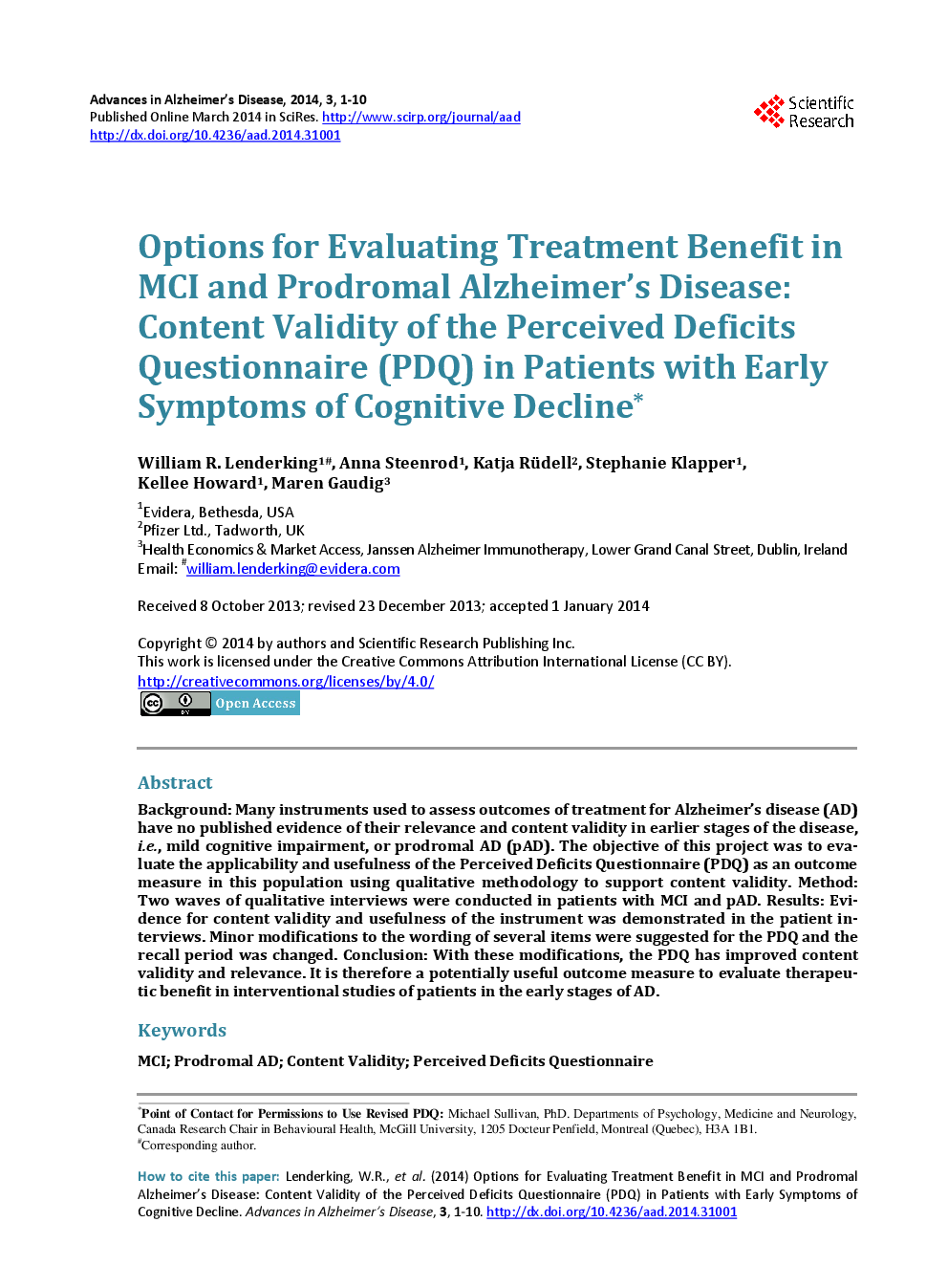 Options for Evaluating Treatment Benefit in MCI And Prodromal Alzheimer’s Disease: Content Validity Of the Perceived Deficits Questionnaire (PDQ) in Patients With Early Symptoms Of Cognitive Decline* - Page 2