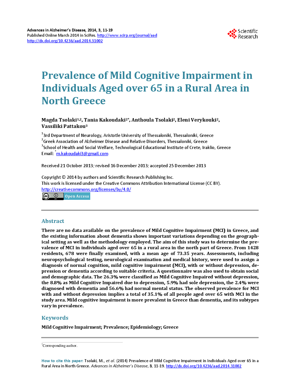 Prevalence Of Mild Cognitive Impairment In Individuals Aged Over 65 In A Rural Area In North Greece - Page 2