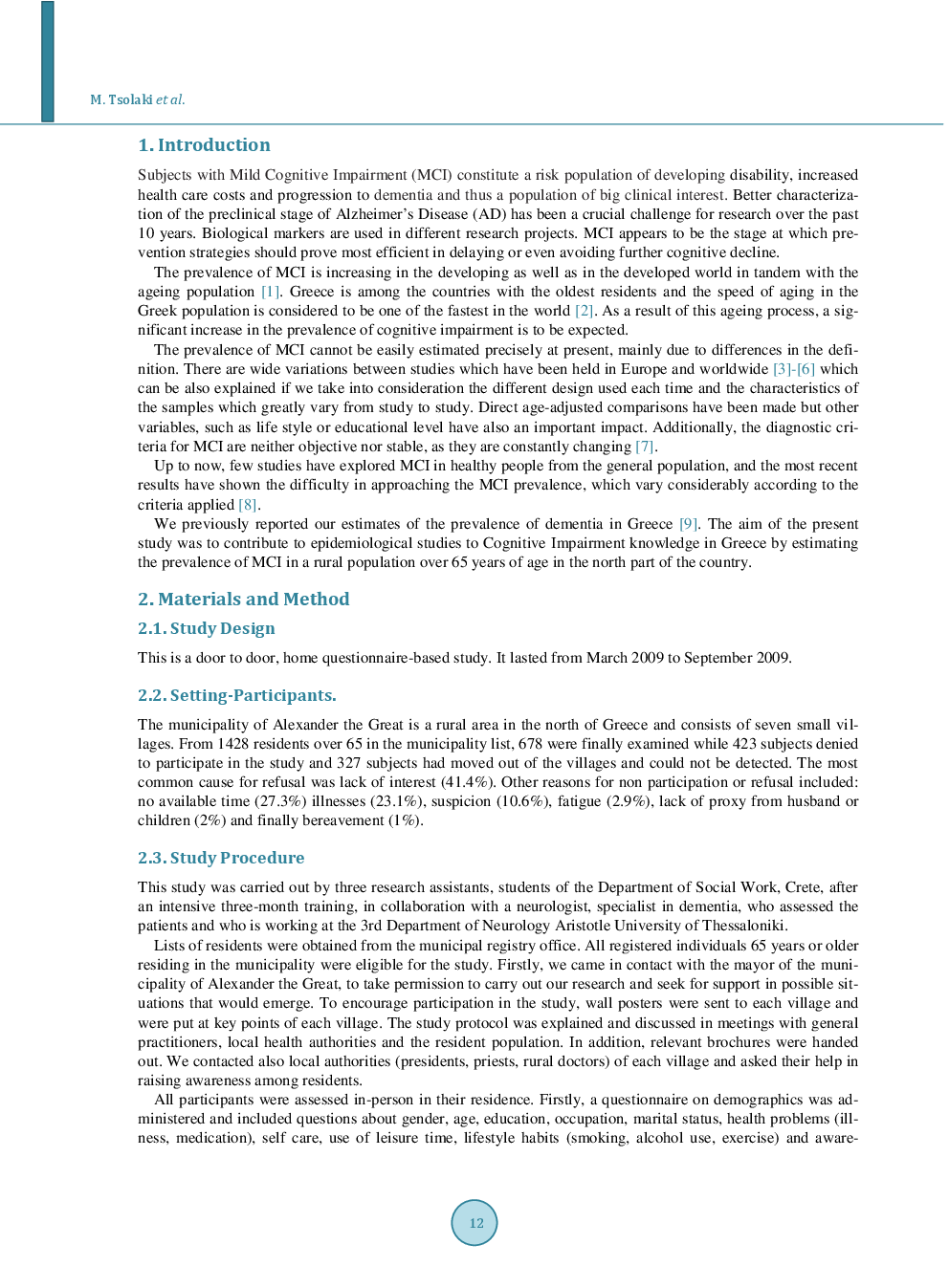 Prevalence Of Mild Cognitive Impairment In Individuals Aged Over 65 In A Rural Area In North Greece - Page 3