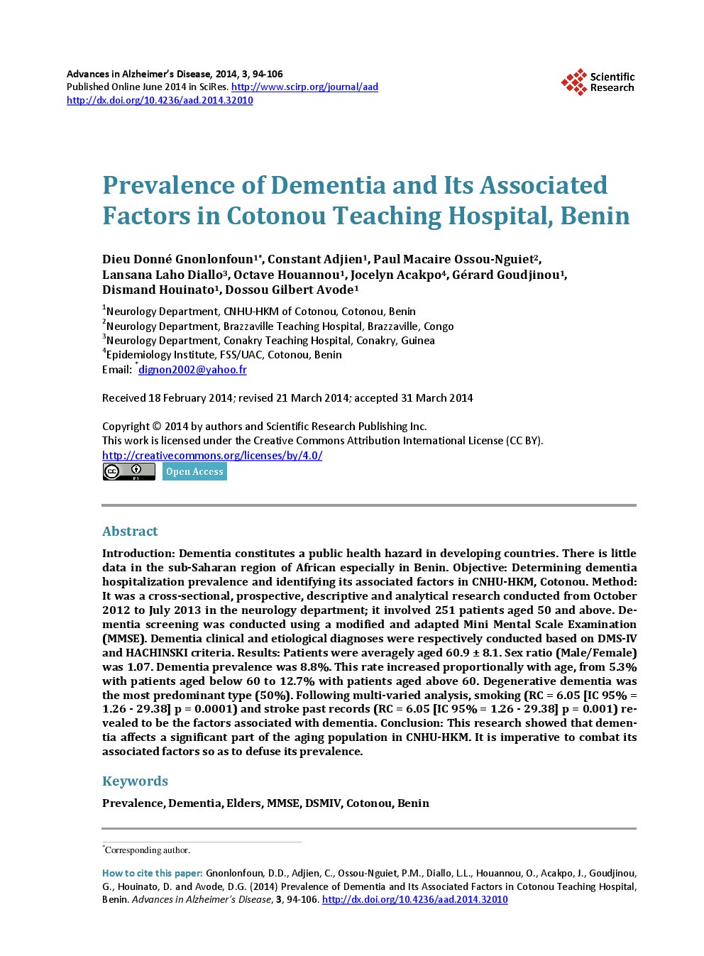 Prevalence Of Dementia And Its Associated Factors In Cotonou Teaching Hospital, Benin - Page 2