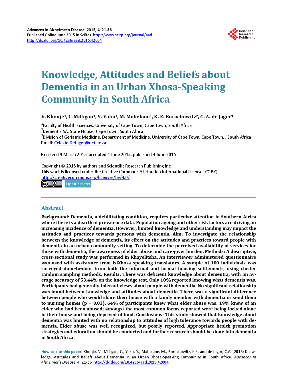 Knowledge, Attitudes And Beliefs About Dementia In An Urban Xhosa-Speaking Community In South Africa - Page 2