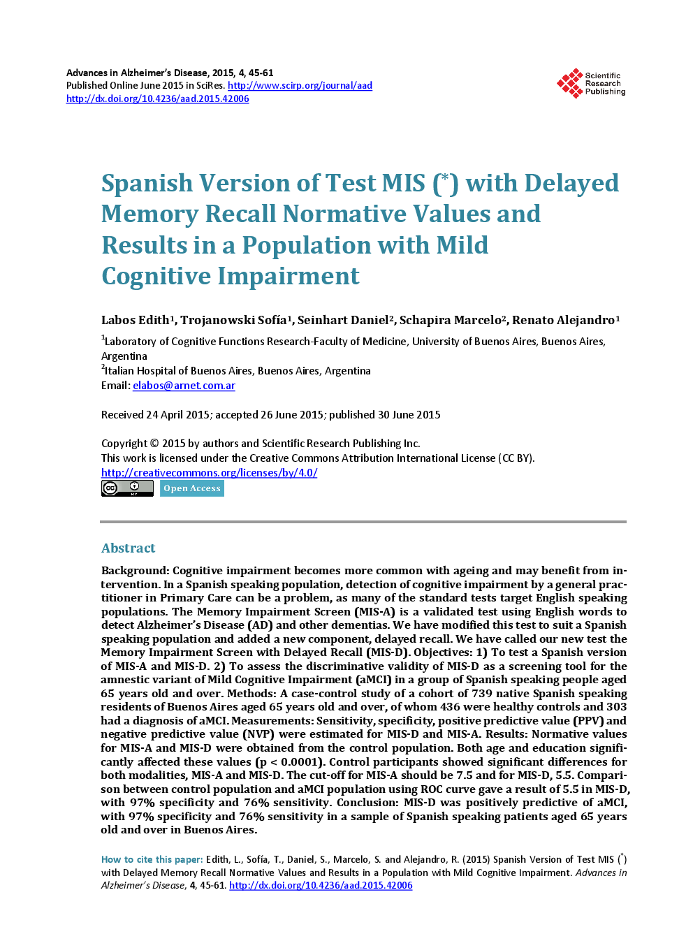 Spanish Version Of Test MIS (*) With Delayed Memory Recall Normative Values And Results In A Population With Mild Cognitive Impairment - Page 2