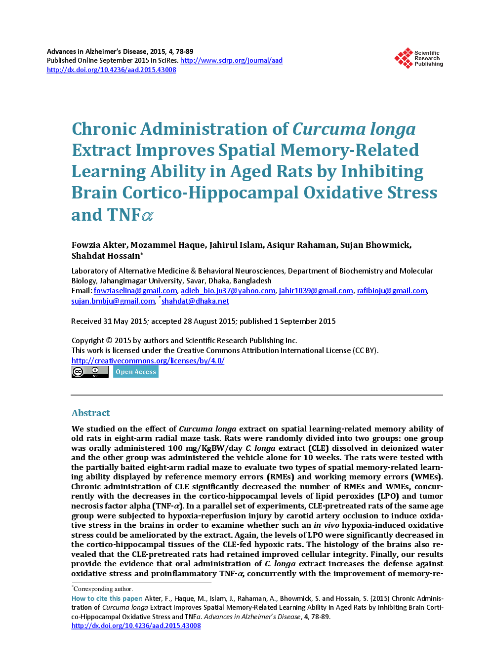 Chronic Administration of Curcuma longa Extract Improves Spatial Memory-Related Learning Ability In Aged Rats By Inhibiting Brain Cortico Hippocampal Oxidative Stress And TNFα - Page 2
