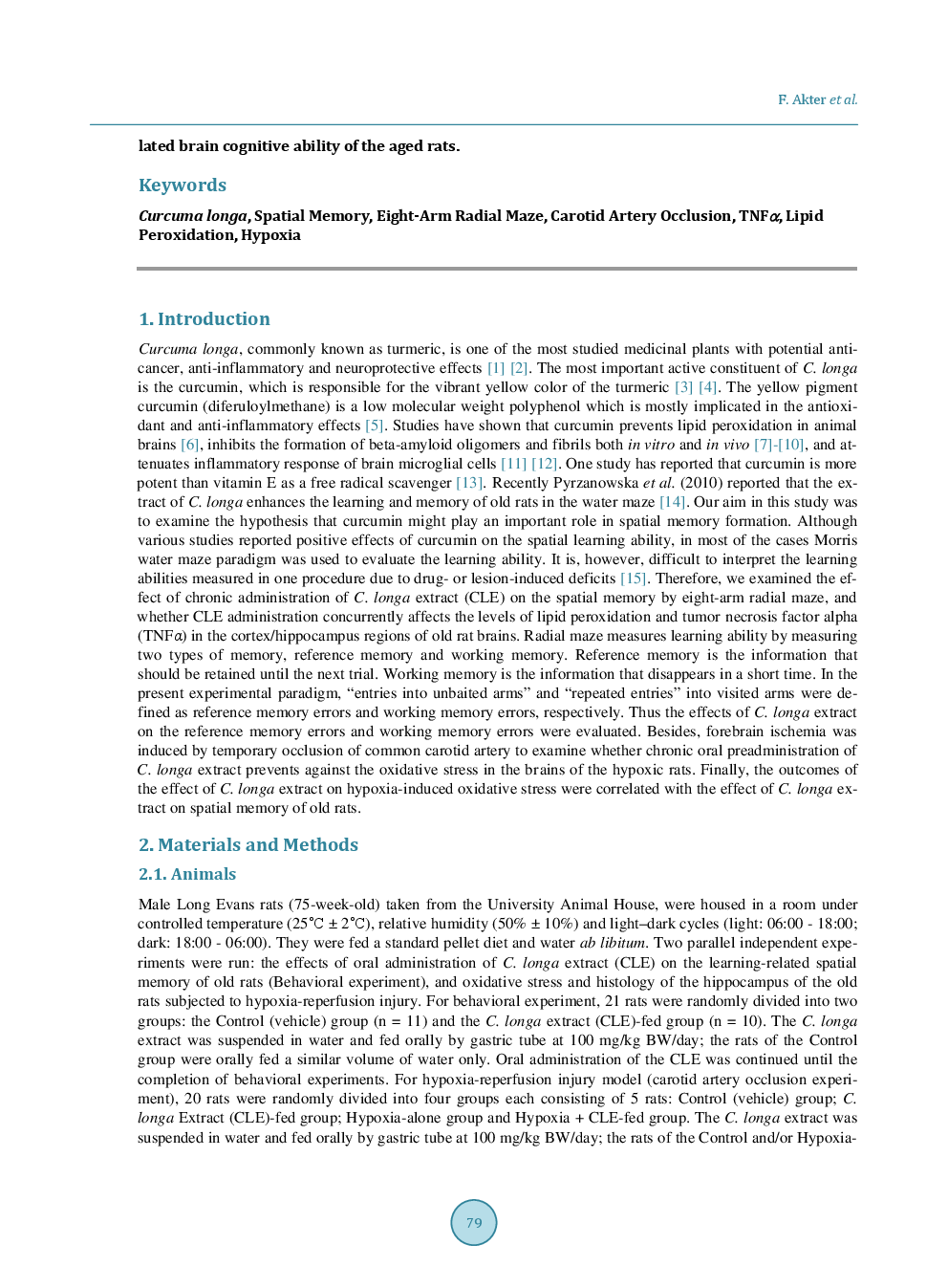 Chronic Administration of Curcuma longa Extract Improves Spatial Memory-Related Learning Ability In Aged Rats By Inhibiting Brain Cortico Hippocampal Oxidative Stress And TNFα - Page 3