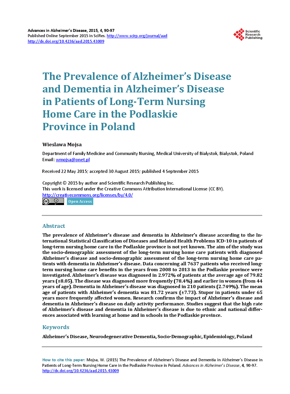 The Prevalence Of Alzheimer’s Disease And Dementia In Alzheimer’s Disease in Patients Of Long-Term Nursing Home Care in the Podlaskie Province In Poland - Page 2