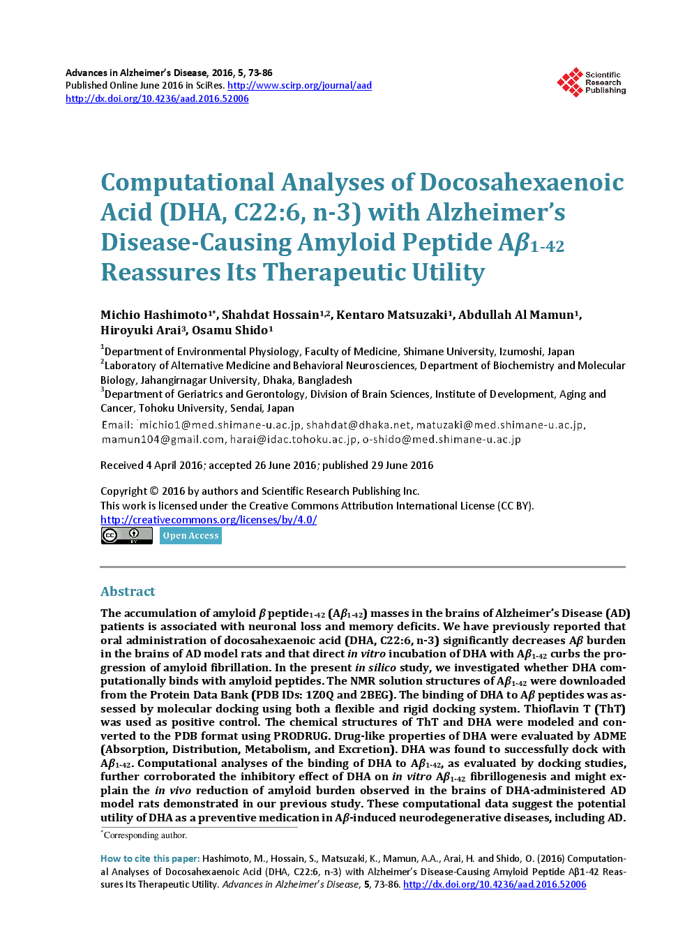 Computational Analyses Of Docosahexaenoic Acid (DHA, C22:6, n-3) With Alzheimer’s Disease-Causing Amyloid Peptide Aβ1-42 Reassures Its Therapeutic Utility - Page 2