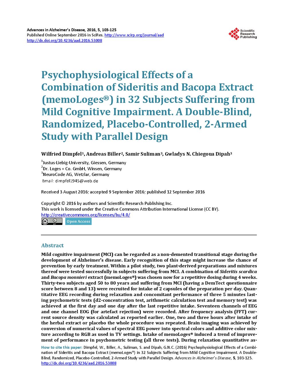Psychophysiological Effects Of A Combination Of Sideritis And Bacopa Extract (MemoLoges®) In 32 Subjects Suffering From Mild Cognitive Impairment. A Double-Blind, Randomized, Placebo-Controlled, 2-Armed Study With Parallel Design - Page 2