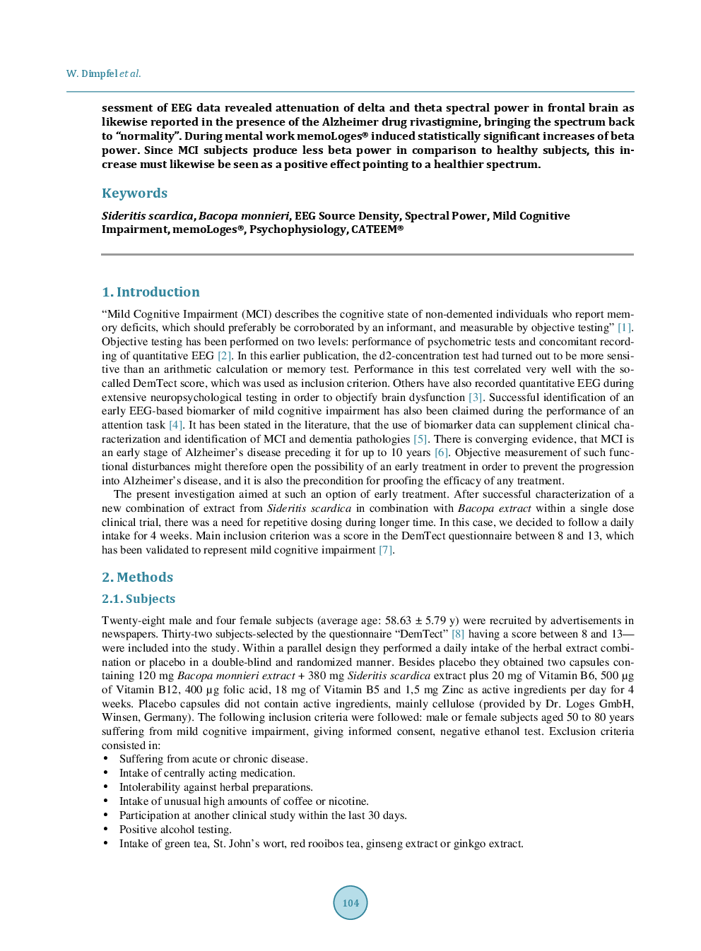 Psychophysiological Effects Of A Combination Of Sideritis And Bacopa Extract (MemoLoges®) In 32 Subjects Suffering From Mild Cognitive Impairment. A Double-Blind, Randomized, Placebo-Controlled, 2-Armed Study With Parallel Design - Page 3