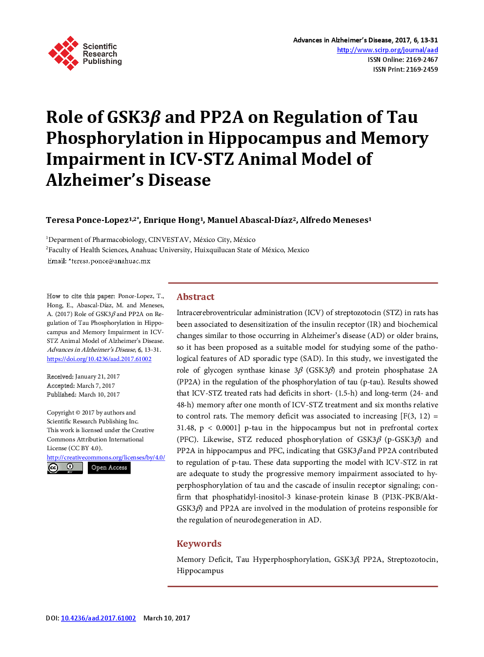 Role Of GSK3&beta; And PP2A On Regulation Of Tau Phosphorylation In Hippocampus And Memory Impairment In ICV-STZ Animal Model Of Alzheimer&rsquo;s Disease - Page 2