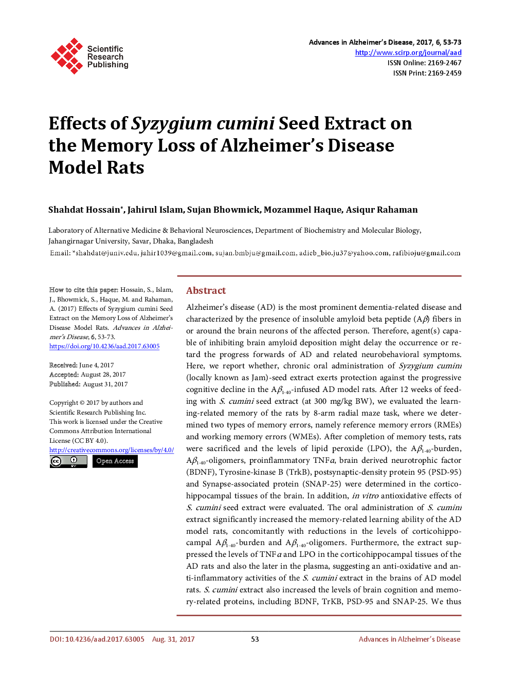 Effects Of Syzygium Cumini Seed Extract On The Memory Loss Of Alzheimer’s Disease Model Rats - Page 2