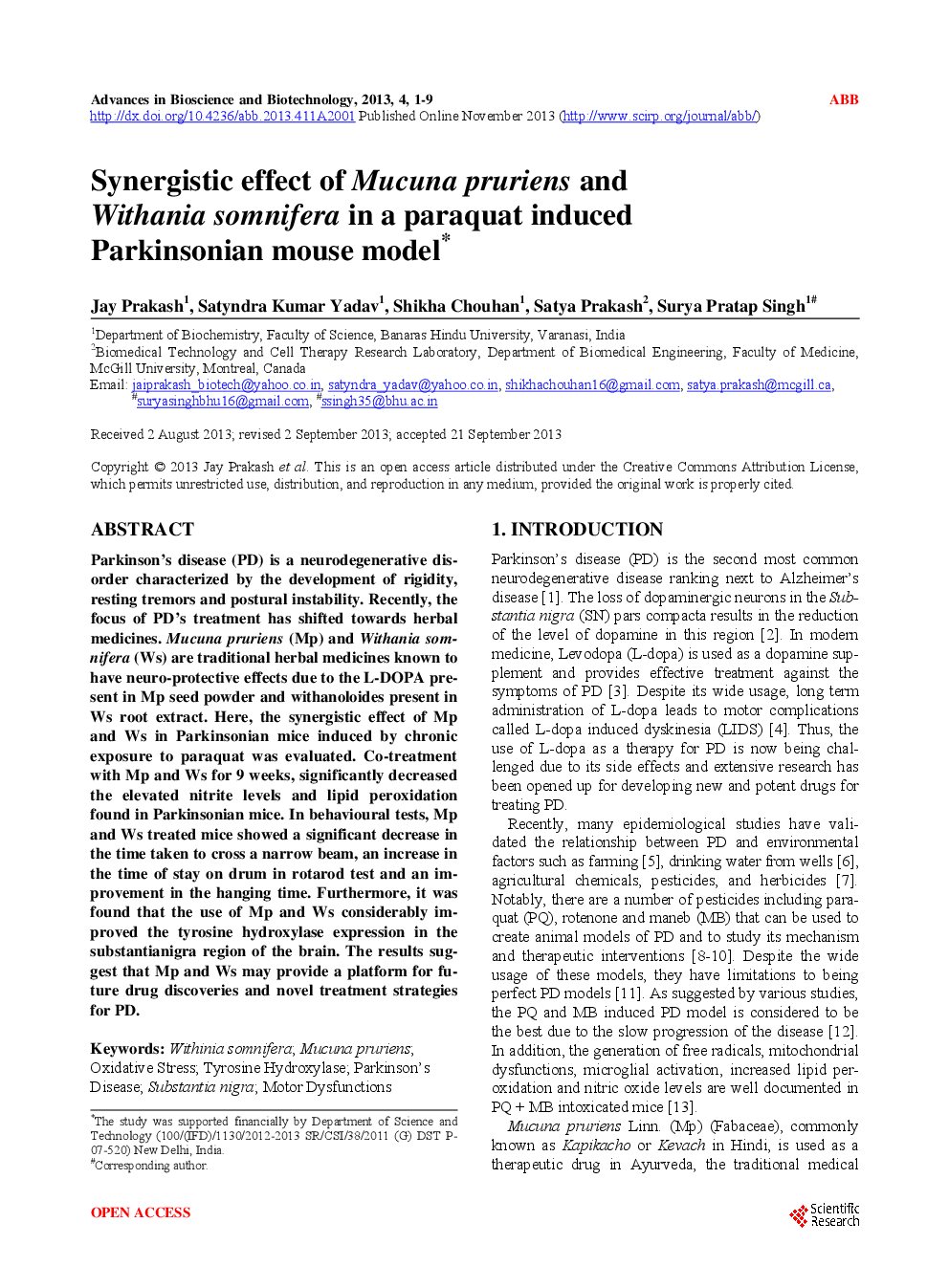 Synergistic Effect Of Mucuna Pruriens And Withania Somnifera In A Paraquat Induced Parkinsonian Mouse Model* - Page 2