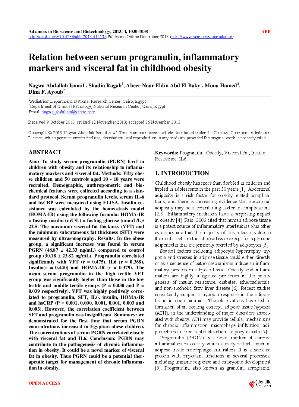 Relation Between Serum Progranulin, Inflammatory Markers And Visceral Fat In Childhood Obesity - Page 2