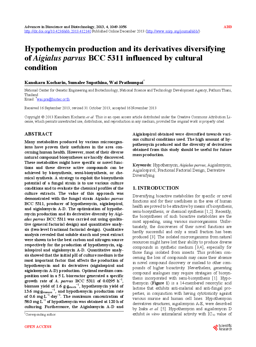 Hypothemycin Production And its Derivatives Diversifying  Of Aigialus Parvus BCC 5311 Influenced By Cultural Condition - Page 2