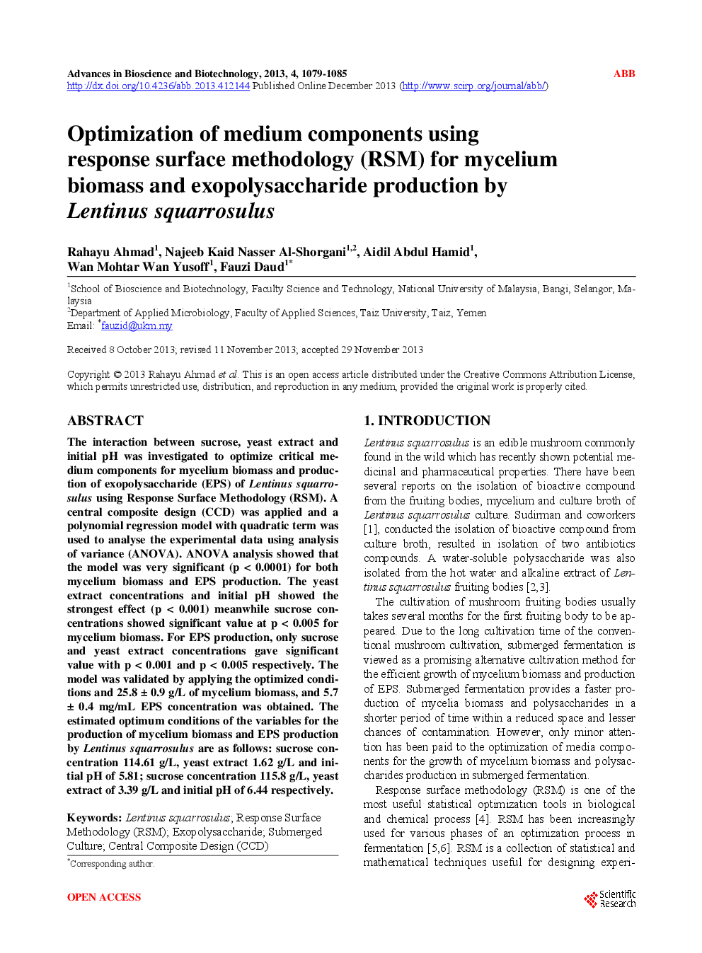 Optimization Of Medium Components Using Response Surface Methodology (RSM) For Mycelium Biomass And Exopolysaccharide Production By Lentinus Squarrosulus - Page 2