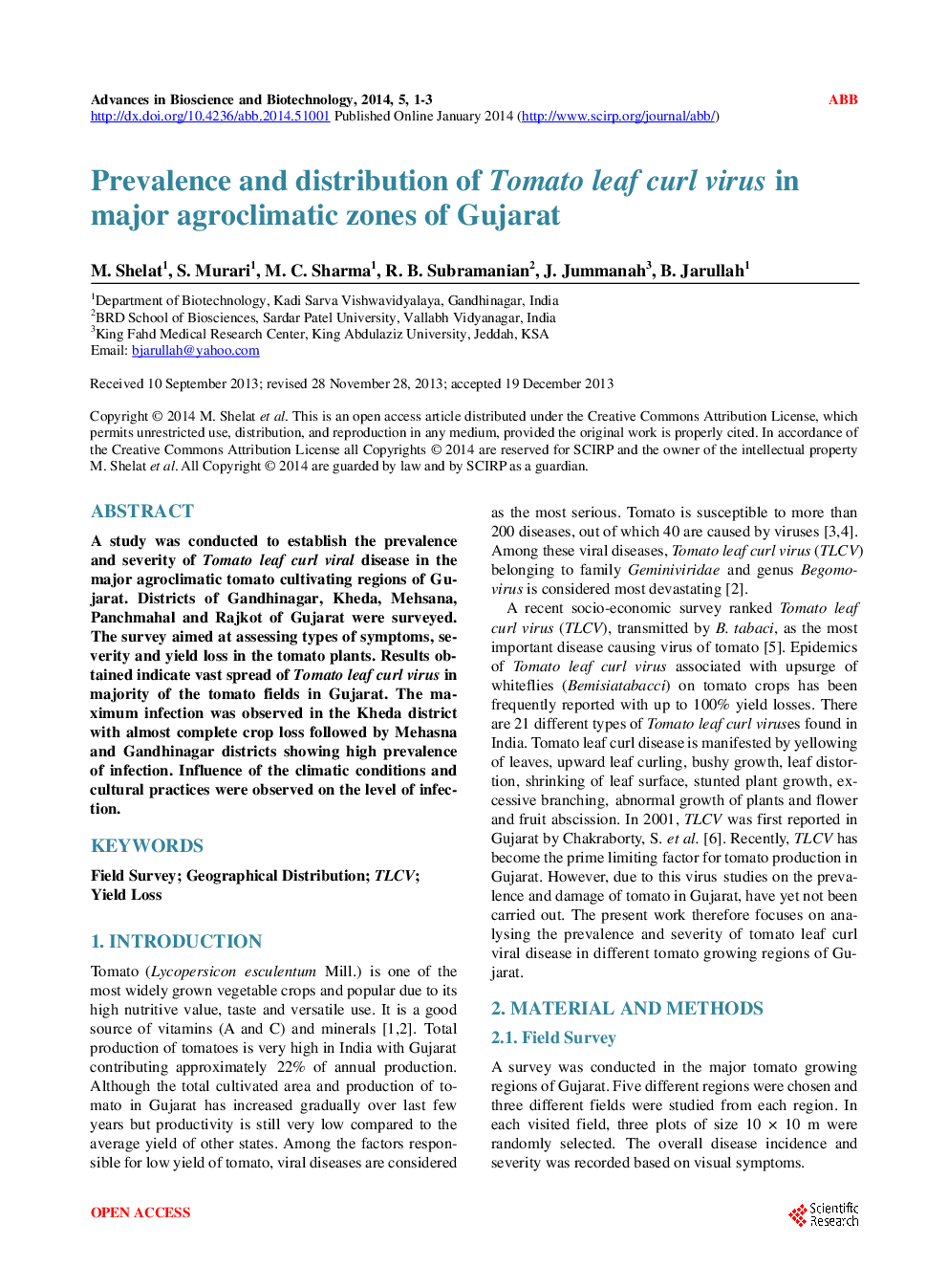 Prevalence And Distribution Of Tomato Leaf Curl Virus In Major Agroclimatic Zones Of Gujarat - Page 2