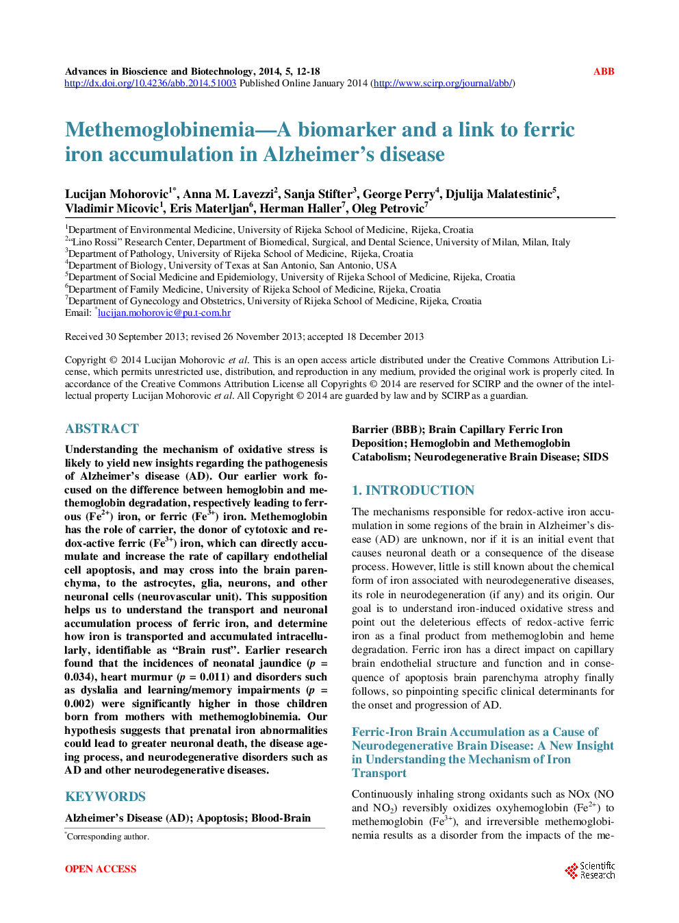 Methemoglobinemia—A Biomarker And A Link To Ferric Iron Accumulation In Alzheimer’s Disease - Page 2
