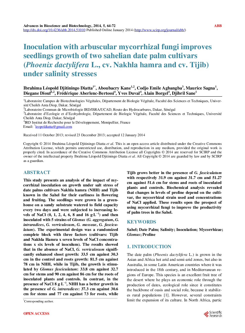 Inoculation With Arbuscular Mycorrhizal Fungi Improves Seedlings Growth Of Two Sahelian Date Palm Cultivars (Phoenix Dactylifera L., CV. Nakhla Hamra And CV. Tijib) Under Salinity Stresses - Page 2
