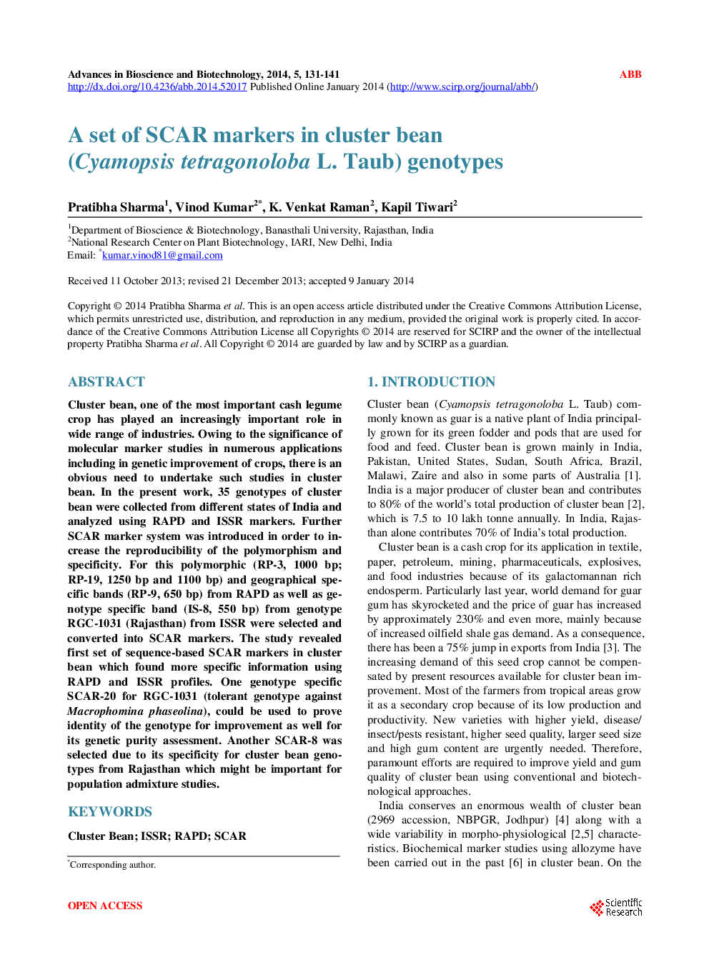 A Set Of SCAR Markers In Cluster Bean (Cyamopsis Tetragonoloba L. Taub) Genotypes - Page 2