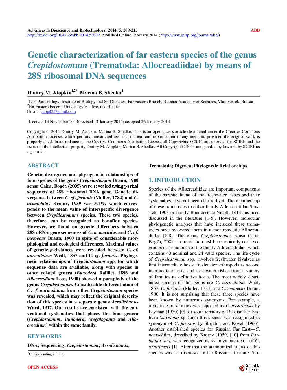 Genetic Characterization Of Far Eastern Species Of The Genus Crepidostomum (Trematoda: Allocreadiidae) By Means Of 28S Ribosomal DNA Sequences - Page 2
