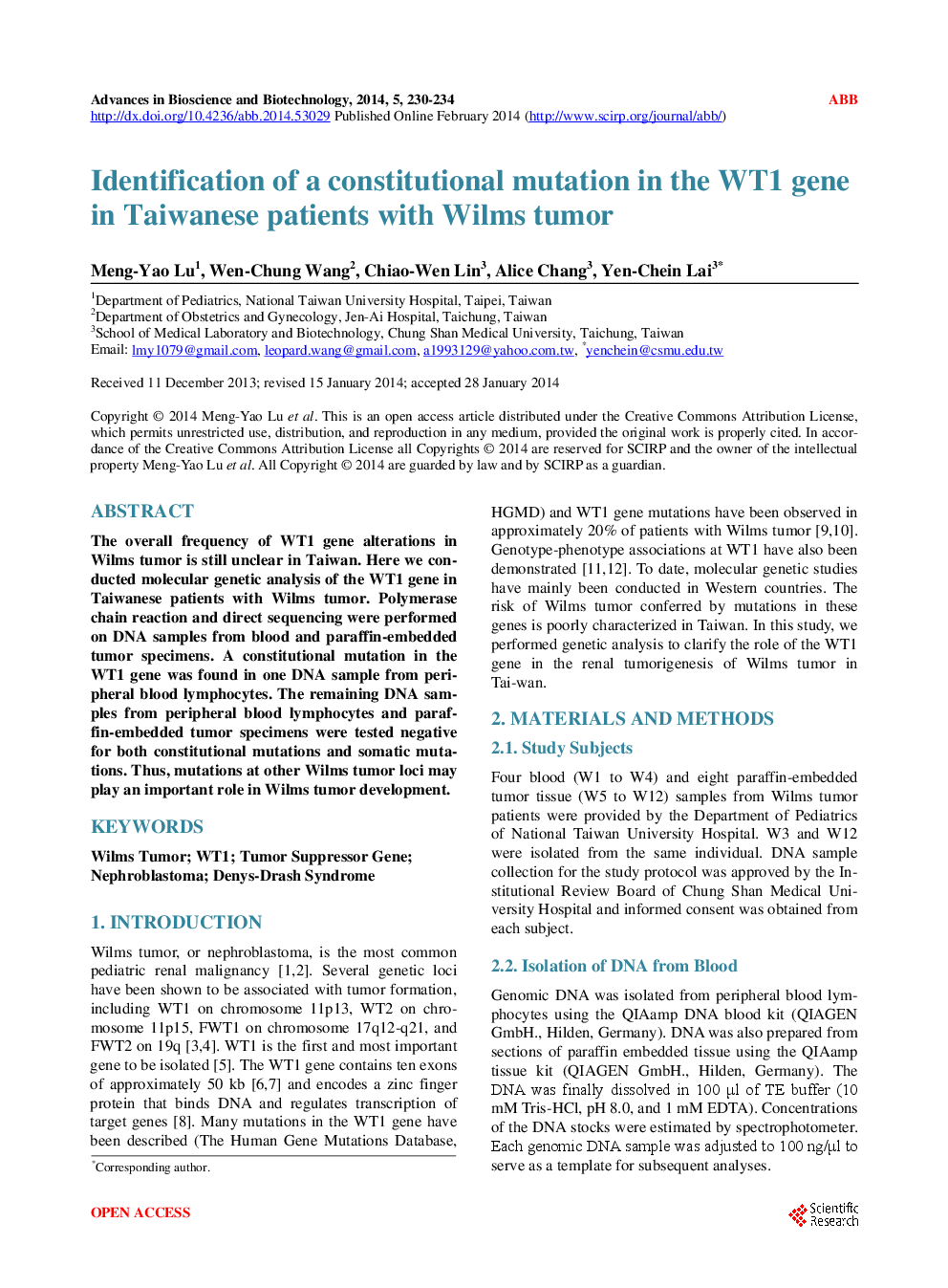Identification Of A Constitutional Mutation In The WT1 Gene In Taiwanese Patients With Wilms Tumor - Page 2