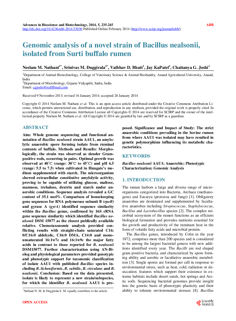 Genomic Analysis Of A Novel Strain Of Bacillus Nealsonii, Isolated From Surti Buffalo Rumen - Page 2