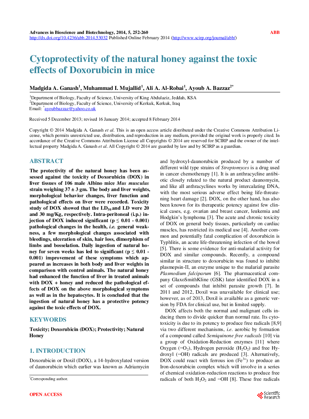Cytoprotectivity Of The Natural Honey Against The Toxic Effects Of Doxorubicin In Mice - Page 2